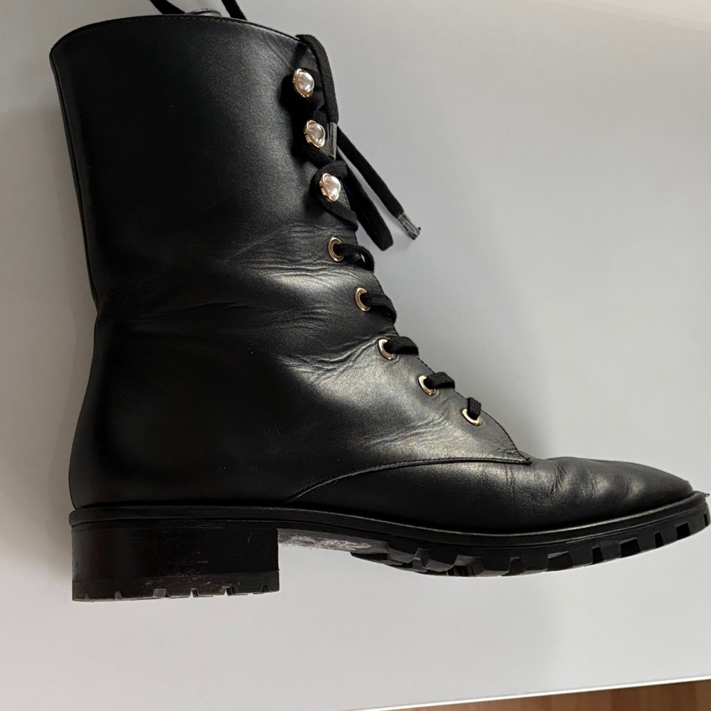 Stuart Weitzman Black Leather Lace-Up Combat Boots